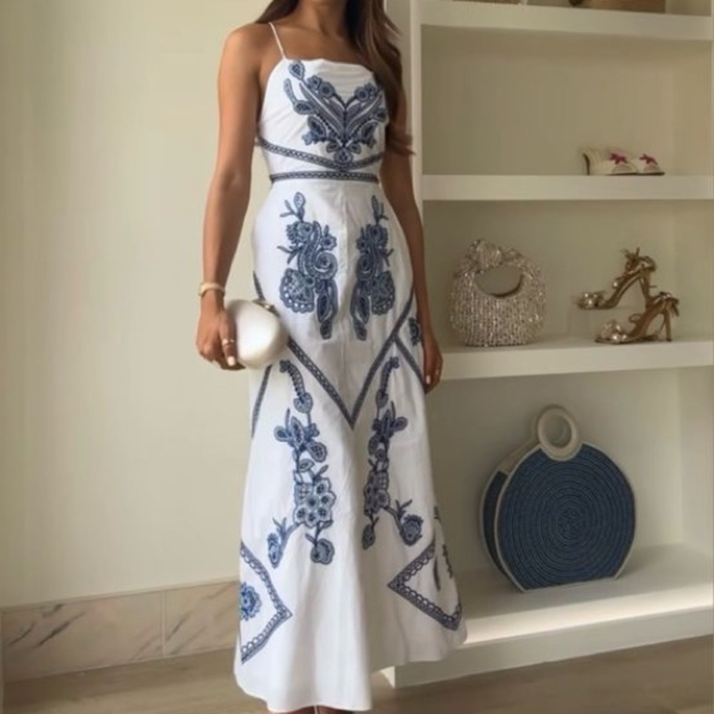 Zara White and Blue Embroidered maxi Dress